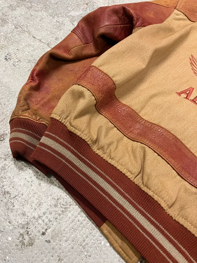 1980s Avirex Red Leither Beige Metallic Varsity Bomber Jacket - Image 11