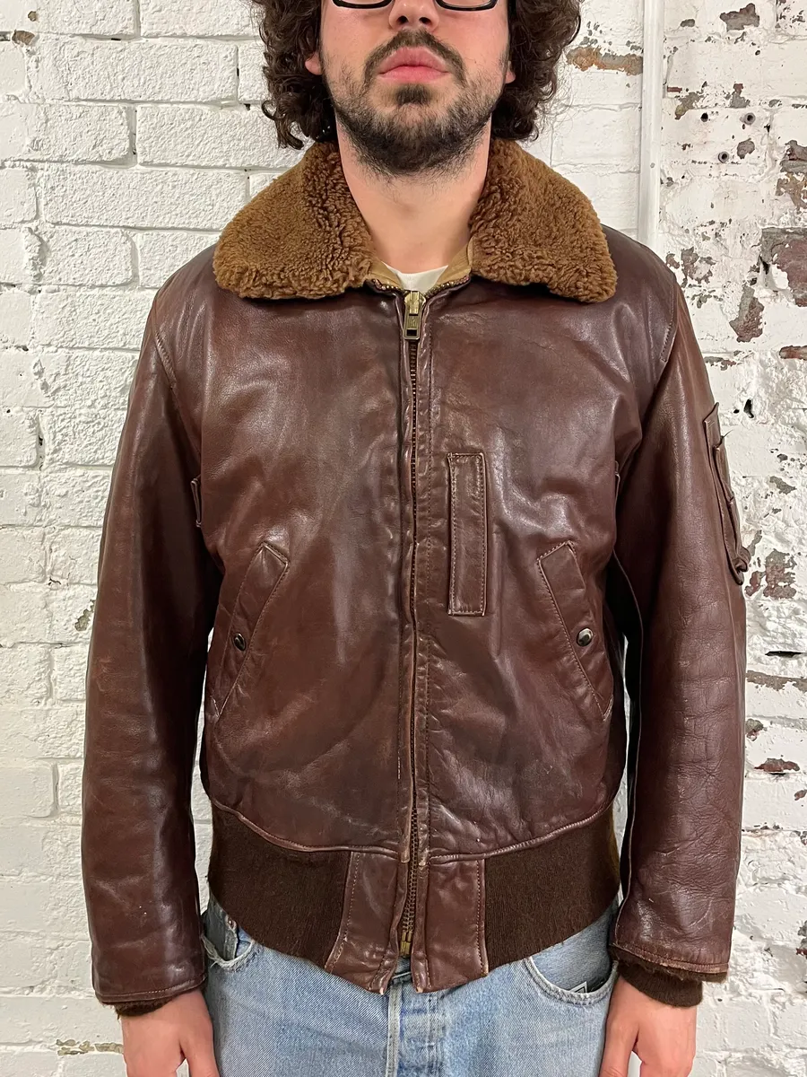 1980s Avirex Shearling Brown Leather Bomber Jacket - Image 2