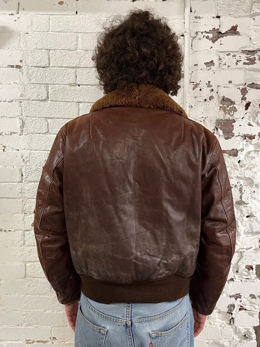 1980s Avirex Shearling Brown Leather Bomber Jacket - Image 4
