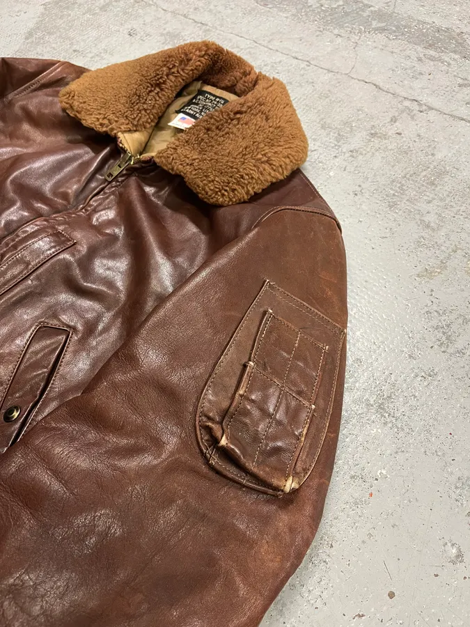1980s Avirex Shearling Brown Leather Bomber Jacket - Image 6