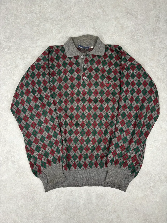 1980s Emporio Armani Grey Wool Red & Green Polo Sweater