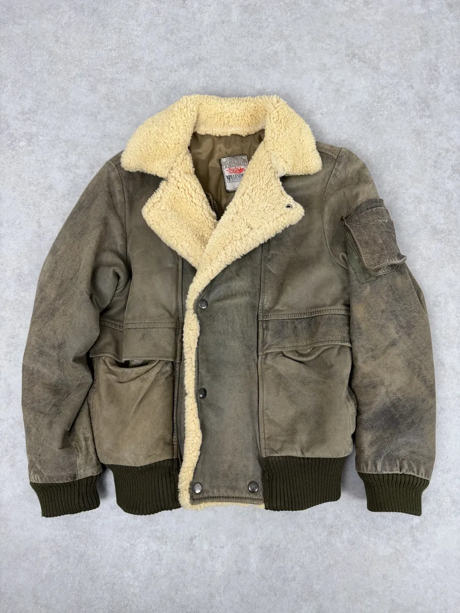 1980s Marithé + François Girbaud Grey Leather Shearling Bomber Jacket