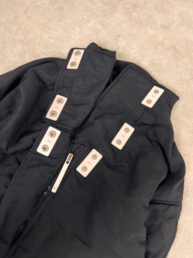 1990 Armani Asymmetrical Metal Buttons Black Nylon Trench Coat - Image 8