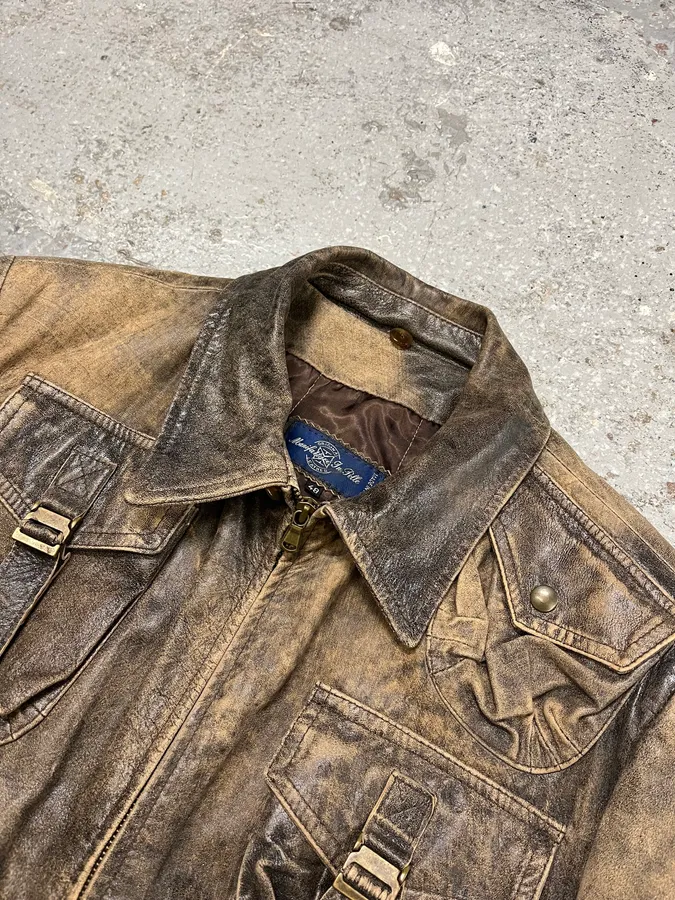1990s Archive Italian Eroded Bondage Cargo Leather Jacket - Image 4