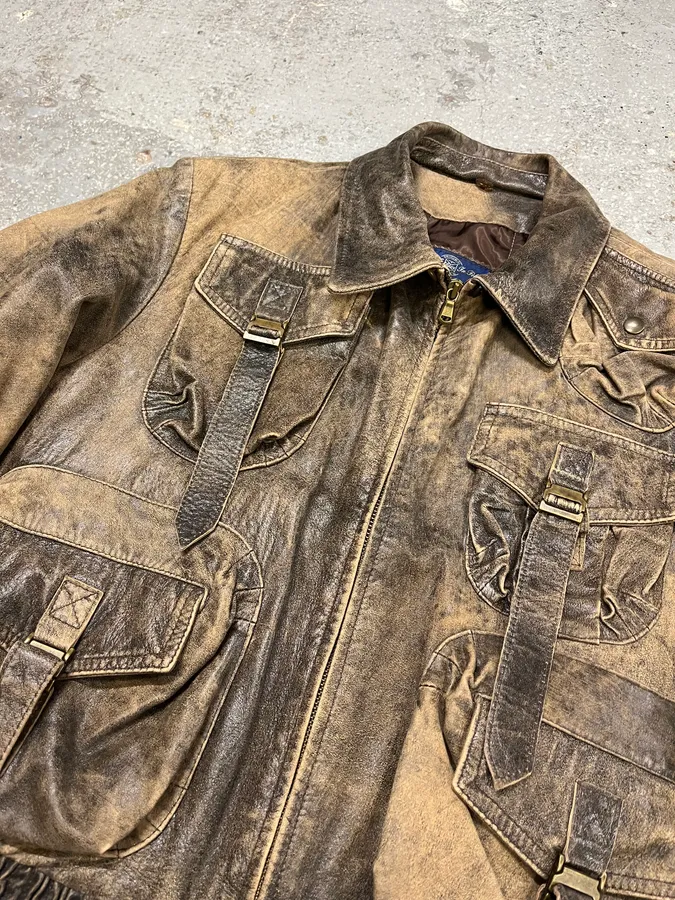 1990s Archive Italian Eroded Bondage Cargo Leather Jacket - Image 7