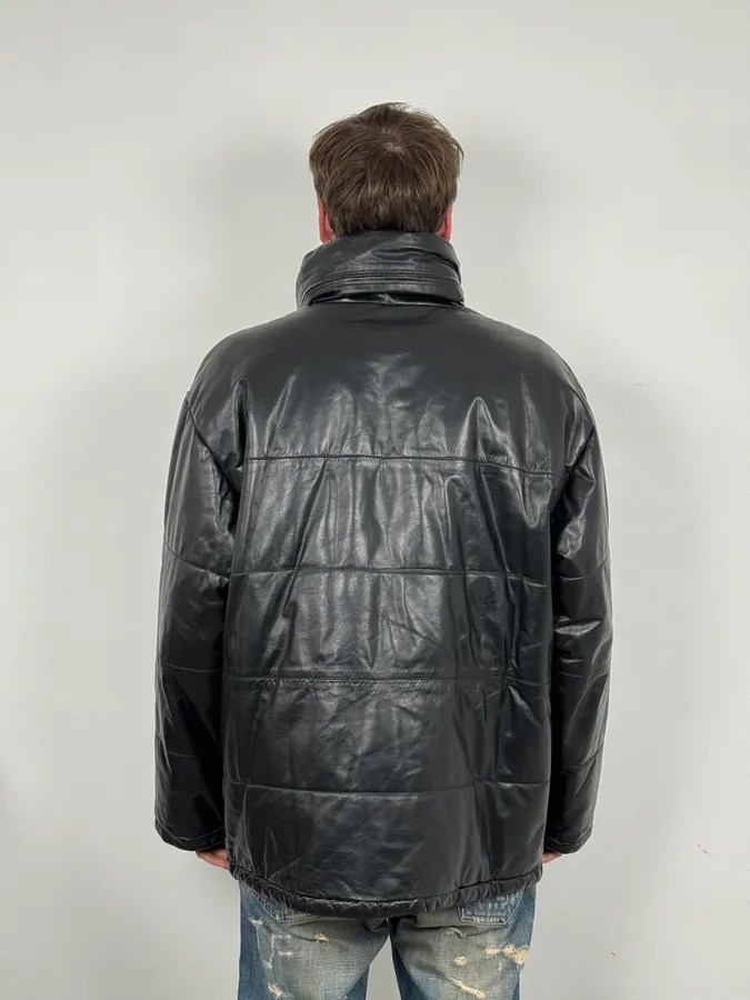 1990s Armani Black Leather Puffer Jacket - Image 3