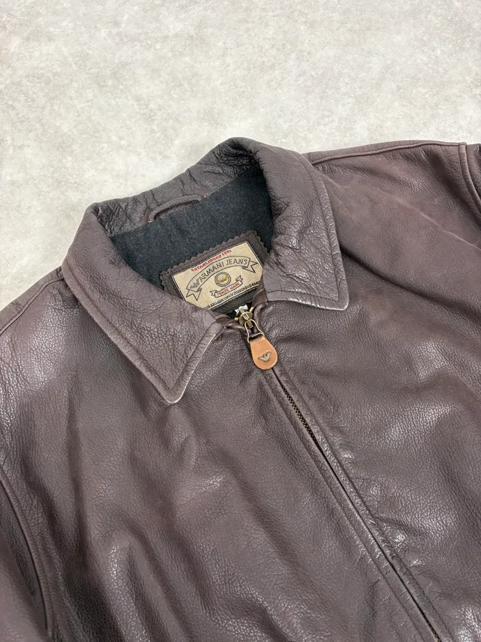 1990s Armani Brown Leather Bomber Jacket - Image 5