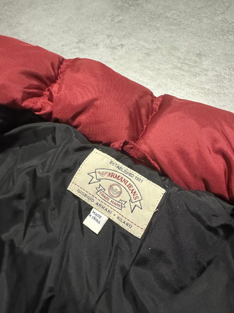 1990s Armani Detachable Arms Light Red Puffer Jacket - Image 9