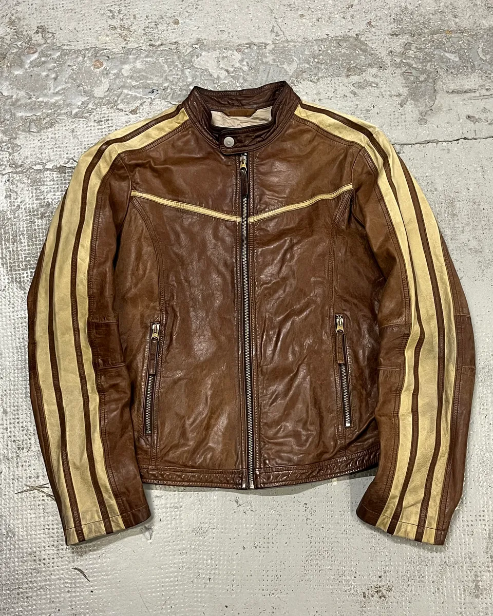 1990s Armani Jeans Cognac Biker Contrast Stripe Leather Jacket