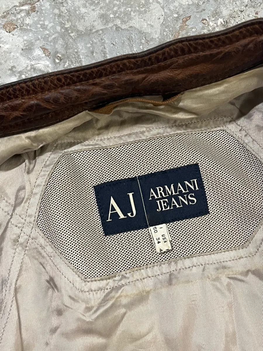 1990s Armani Jeans Cognac Biker Contrast Stripe Leather Jacket - Image 11