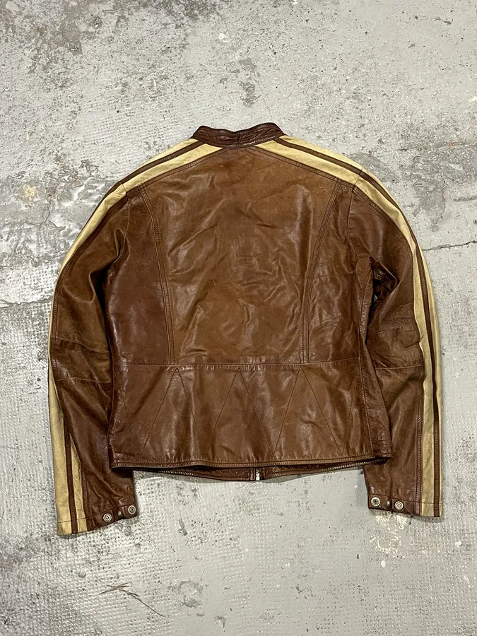 1990s Armani Jeans Cognac Biker Contrast Stripe Leather Jacket - Image 6