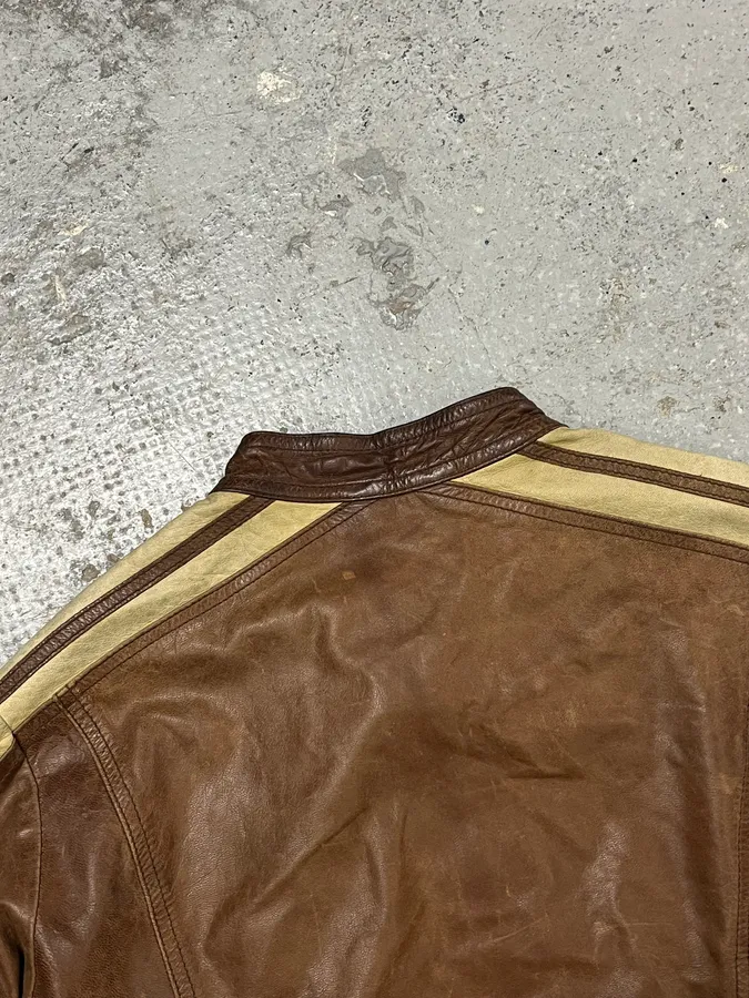 1990s Armani Jeans Cognac Biker Contrast Stripe Leather Jacket - Image 7