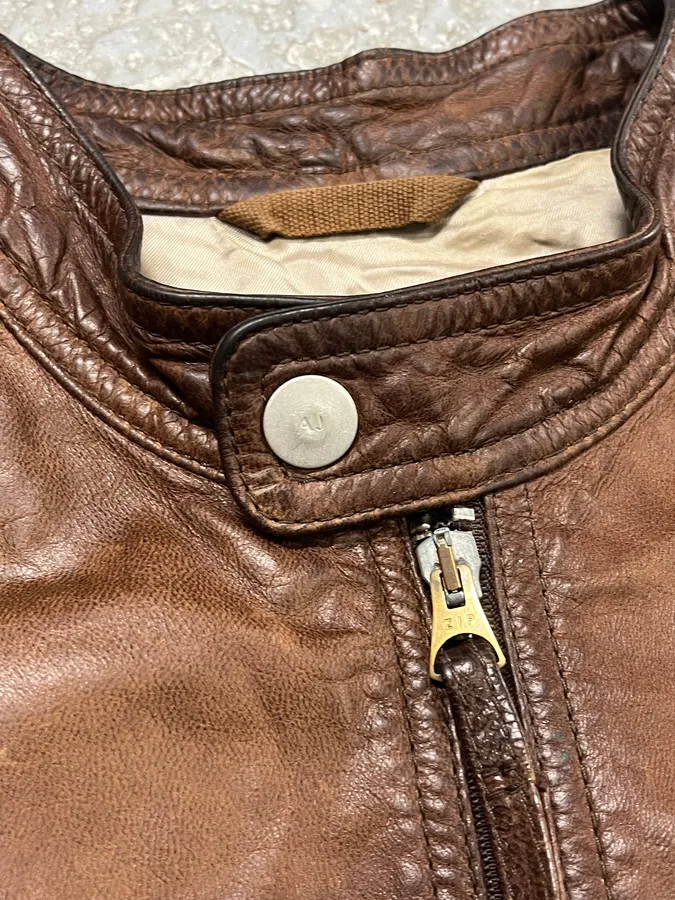 1990s Armani Jeans Cognac Biker Contrast Stripe Leather Jacket - Image 8