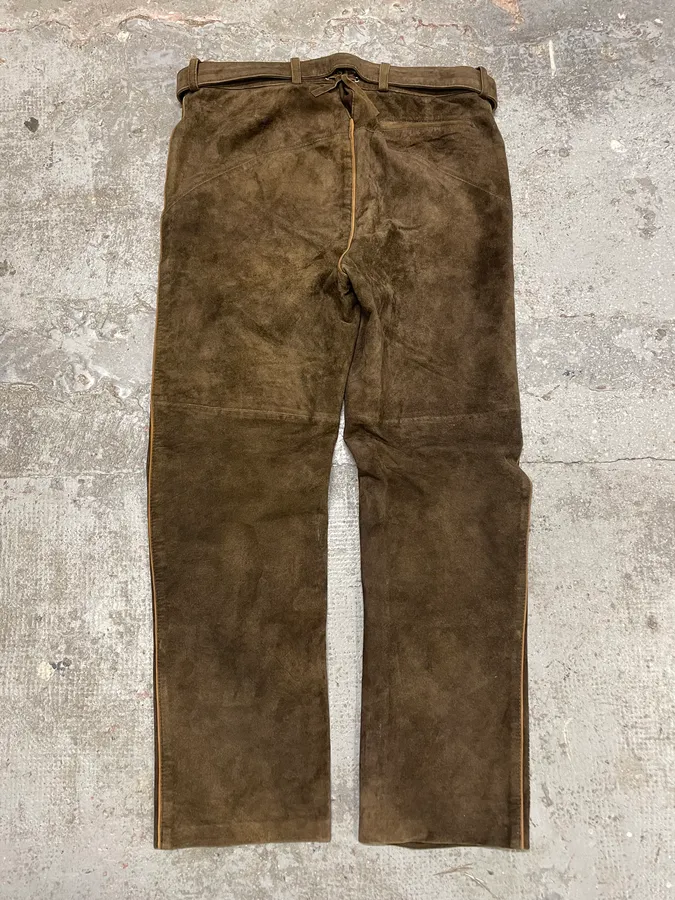 1990s Artisanal Brown Suede Leather Embellished Pants - Image 7
