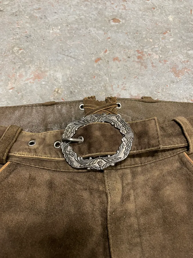 1990s Artisanal Brown Suede Leather Embellished Pants - Image 8