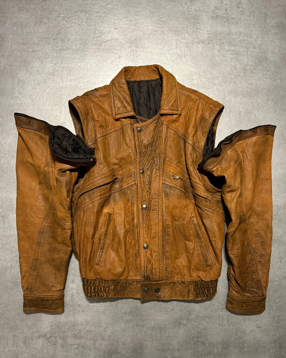 1990s Artisanal French Eroded Brown Leather Jacket with Detachable Sleeves - Image 2