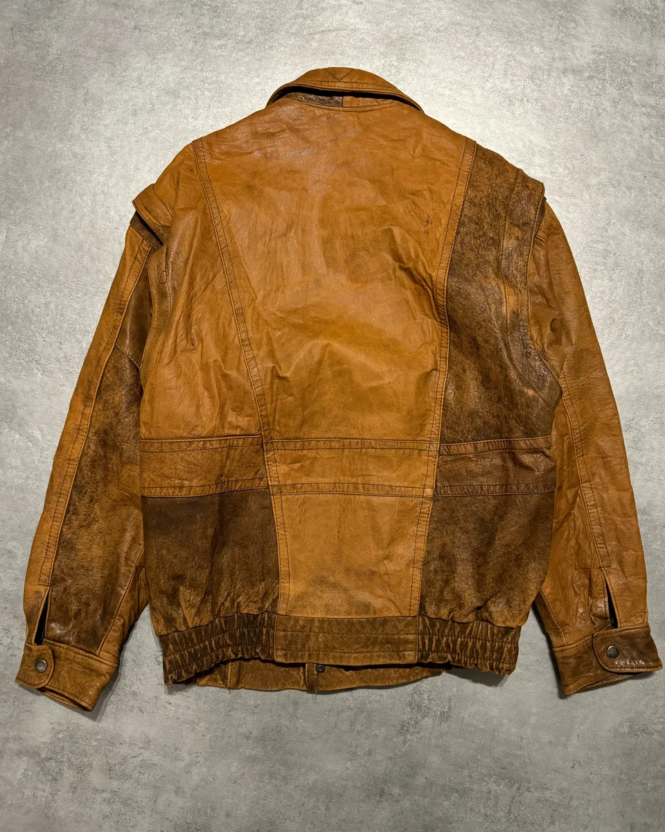 1990s Artisanal French Eroded Brown Leather Jacket with Detachable Sleeves - Image 8