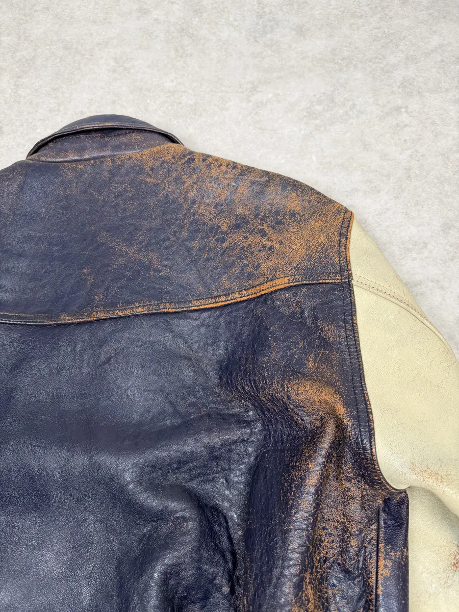 1990s Avirex Brown & White Leather Pilot Varsity Bomber Jacket - Image 10