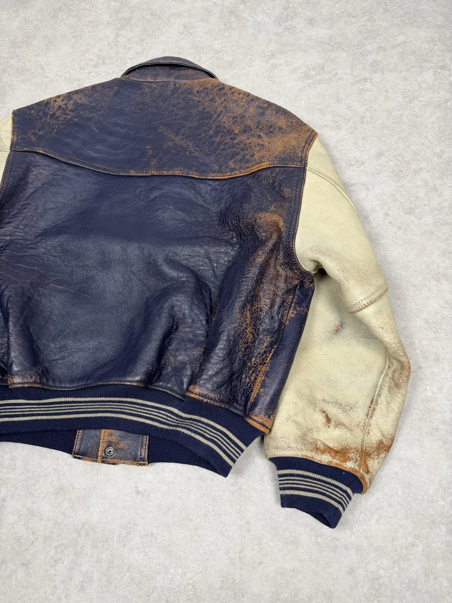 1990s Avirex Brown & White Leather Pilot Varsity Bomber Jacket - Image 11