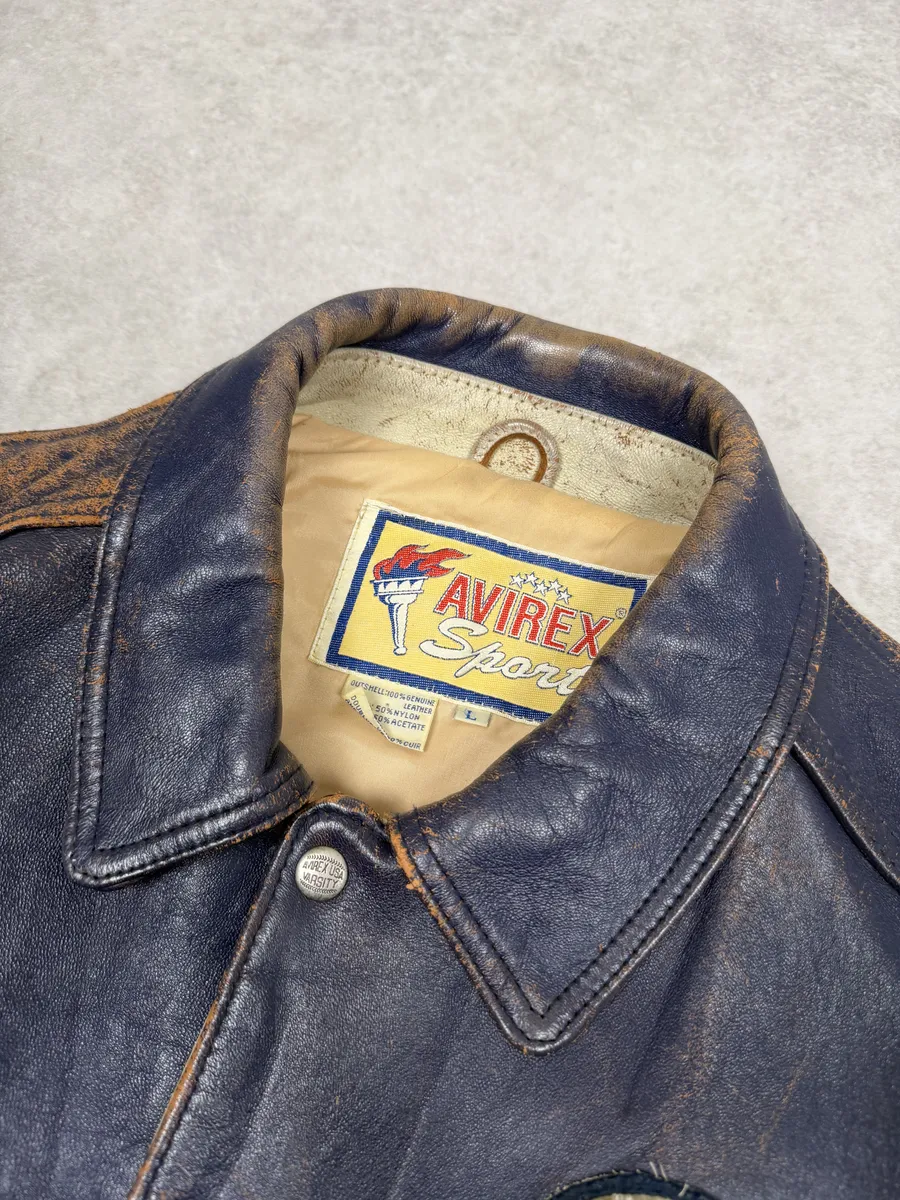 1990s Avirex Brown & White Leather Pilot Varsity Bomber Jacket - Image 12