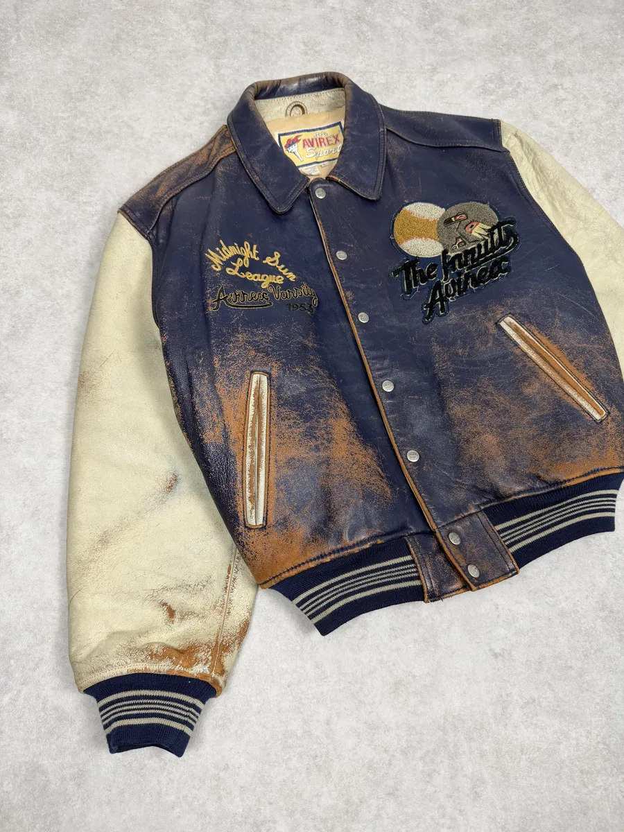 1990s Avirex Brown & White Leather Pilot Varsity Bomber Jacket - Image 13