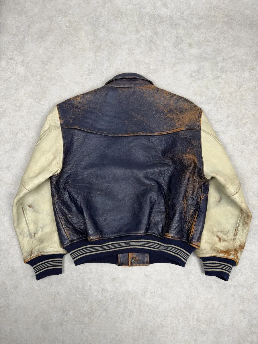 1990s Avirex Brown & White Leather Pilot Varsity Bomber Jacket - Image 2