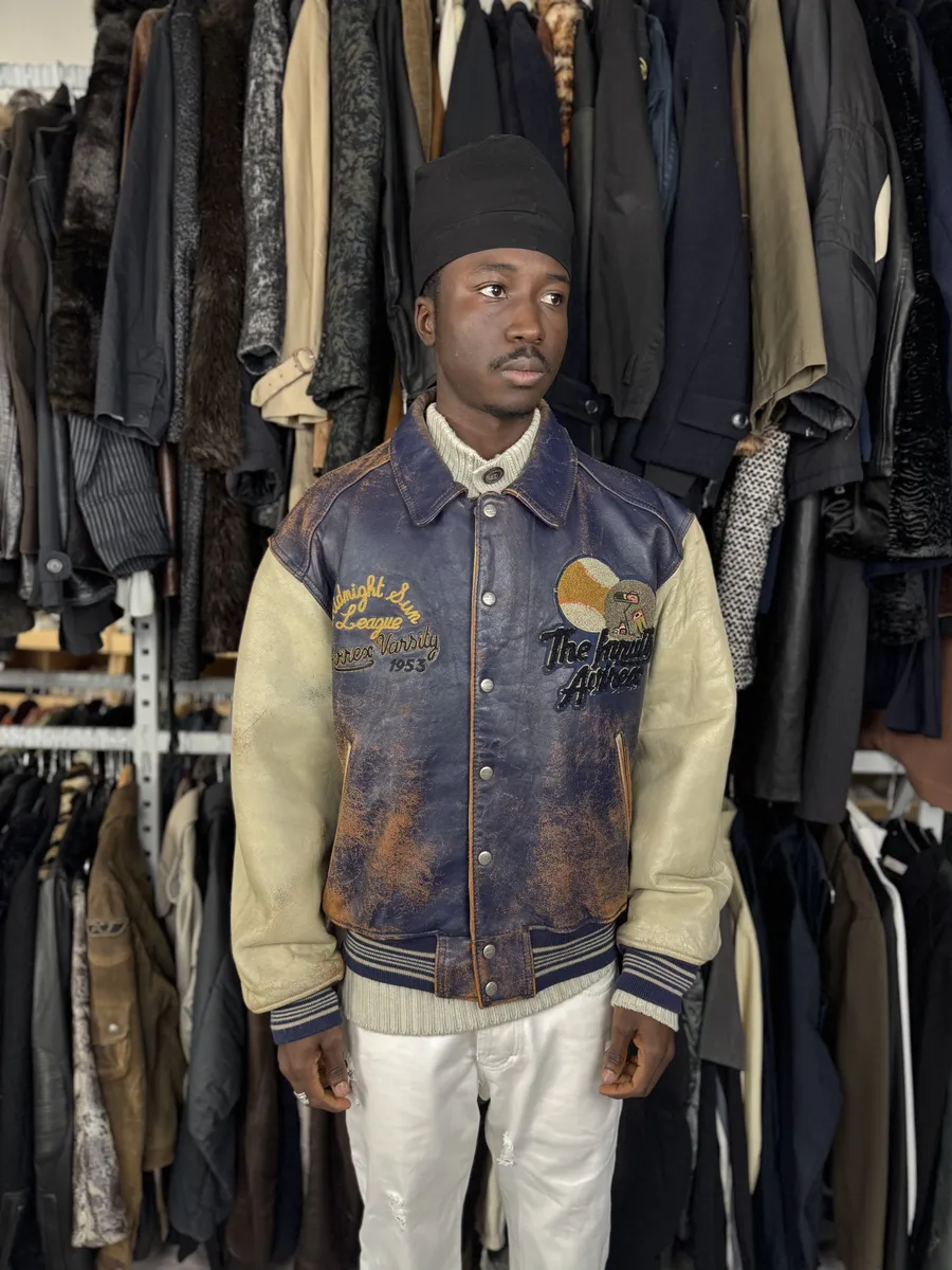 1990s Avirex Brown & White Leather Pilot Varsity Bomber Jacket - Image 3