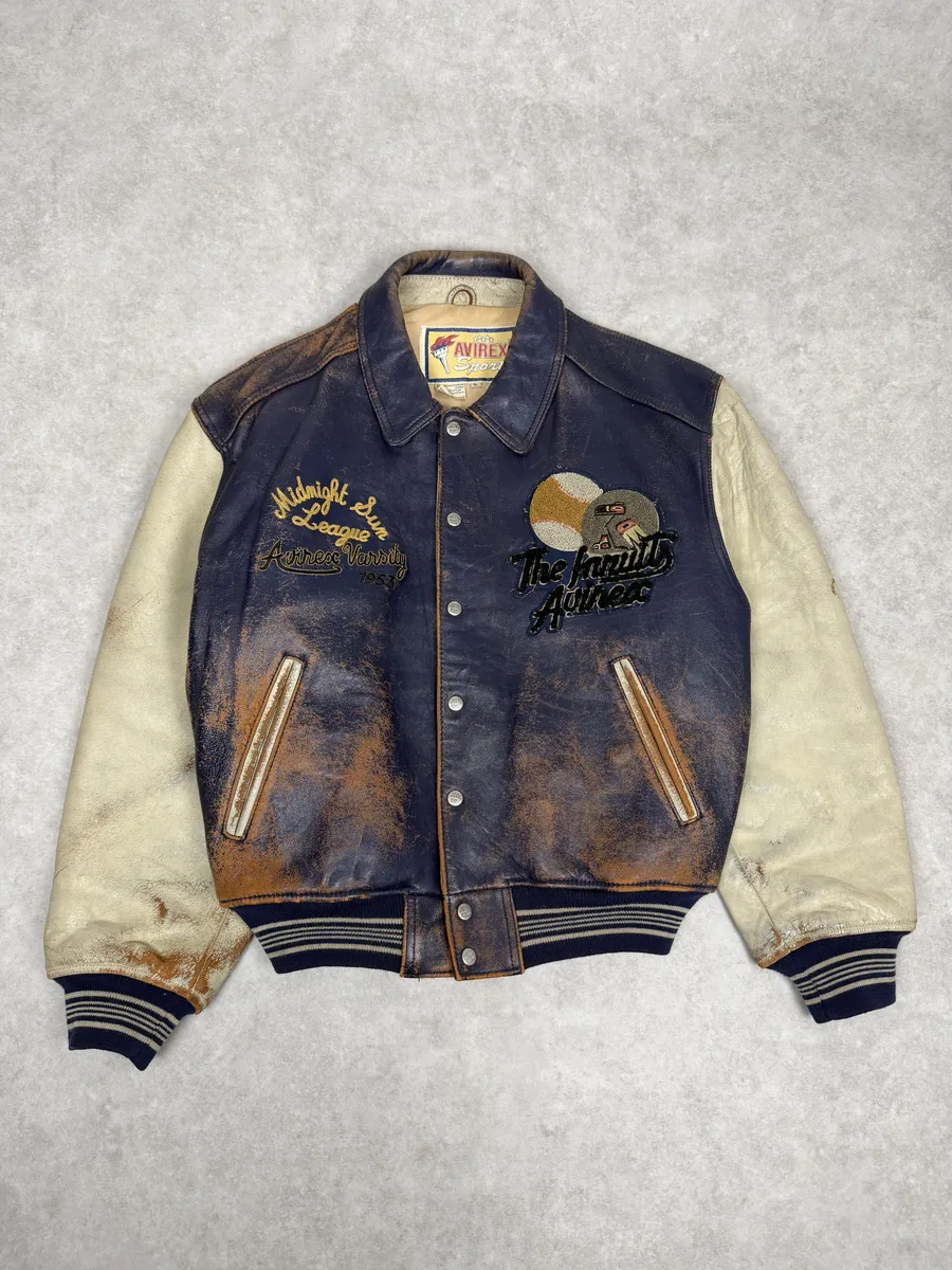 1990s Avirex Brown & White Leather Pilot Varsity Bomber Jacket - Image 5