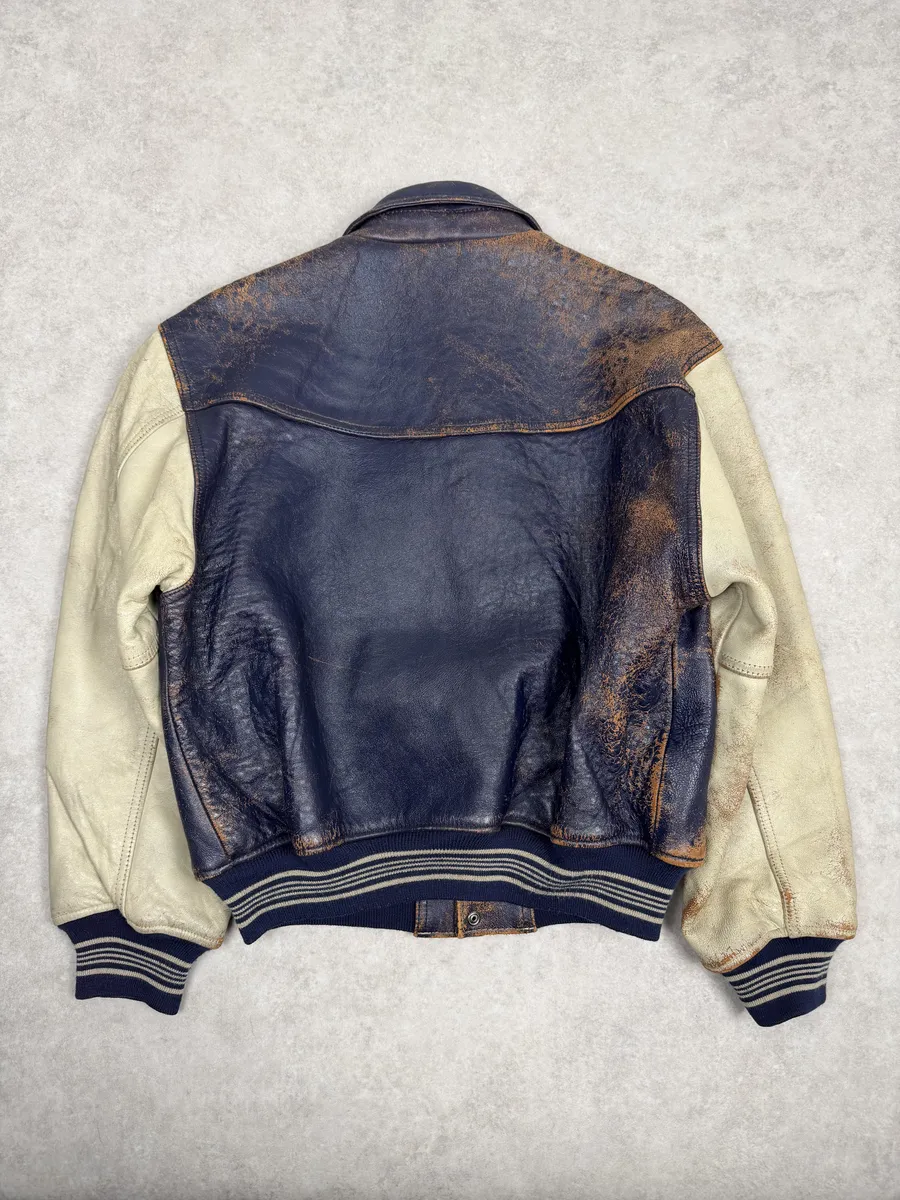 1990s Avirex Brown & White Leather Pilot Varsity Bomber Jacket - Image 6