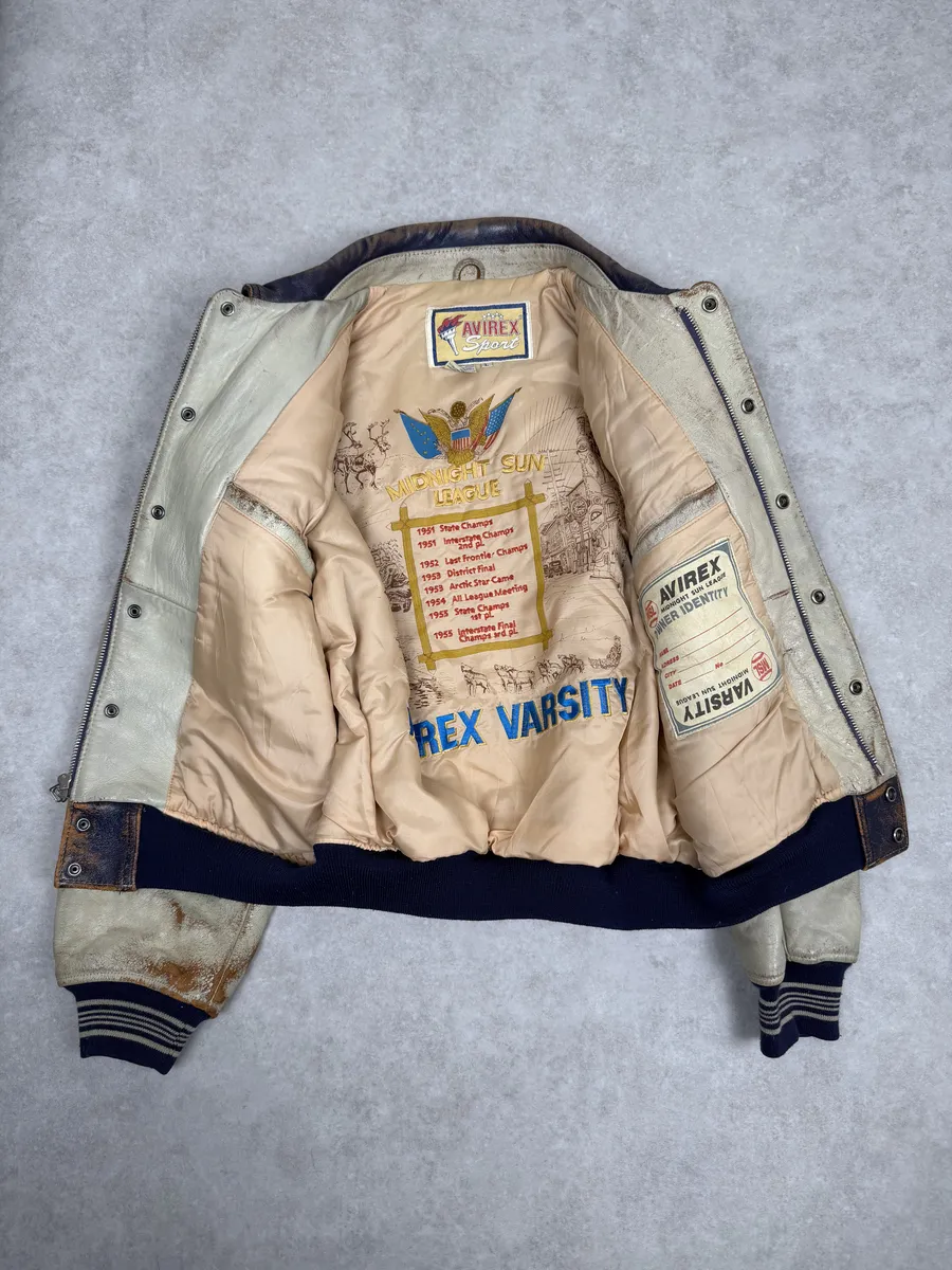 1990s Avirex Brown & White Leather Pilot Varsity Bomber Jacket - Image 8
