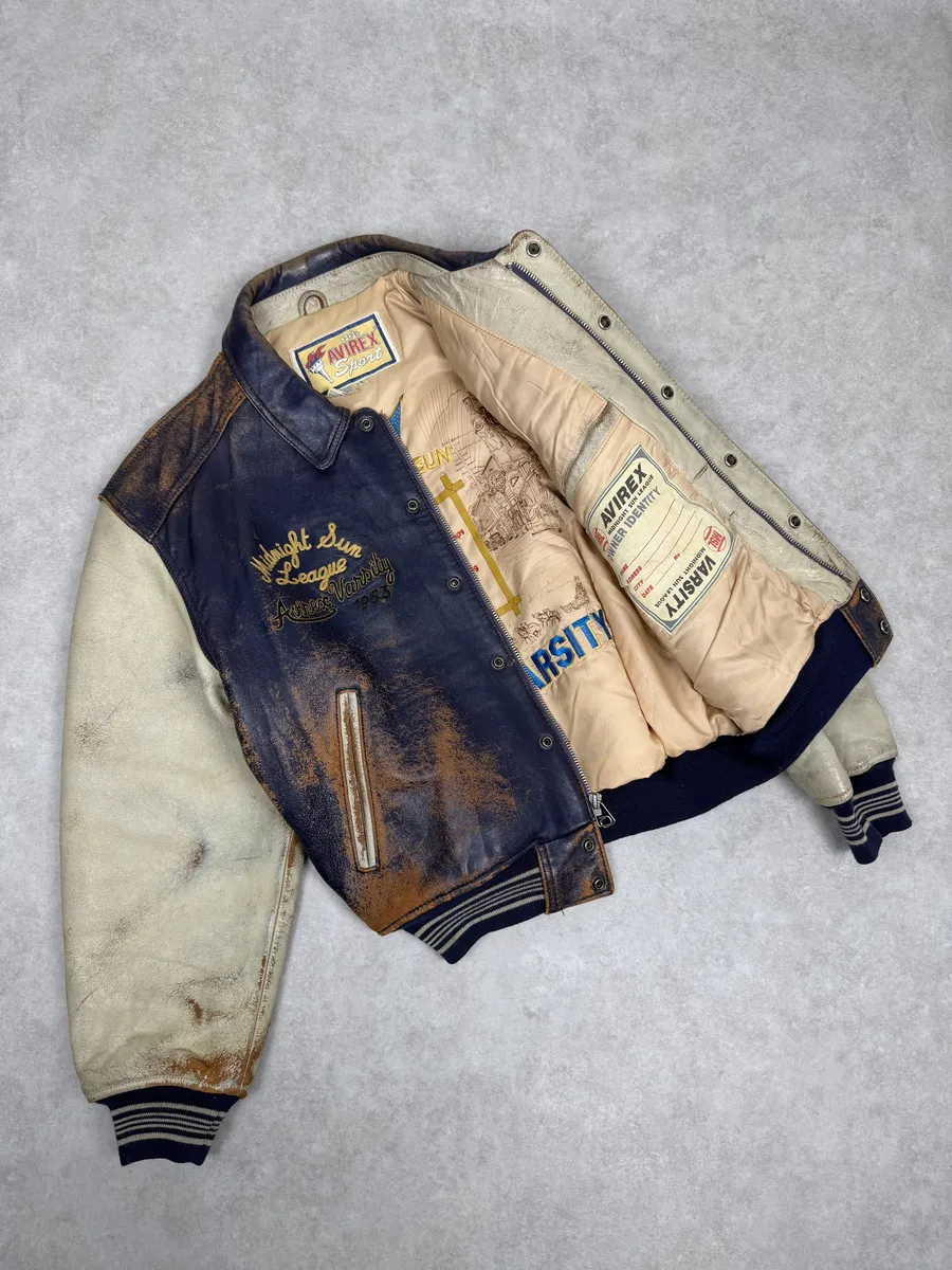 1990s Avirex Brown & White Leather Pilot Varsity Bomber Jacket - Image 9