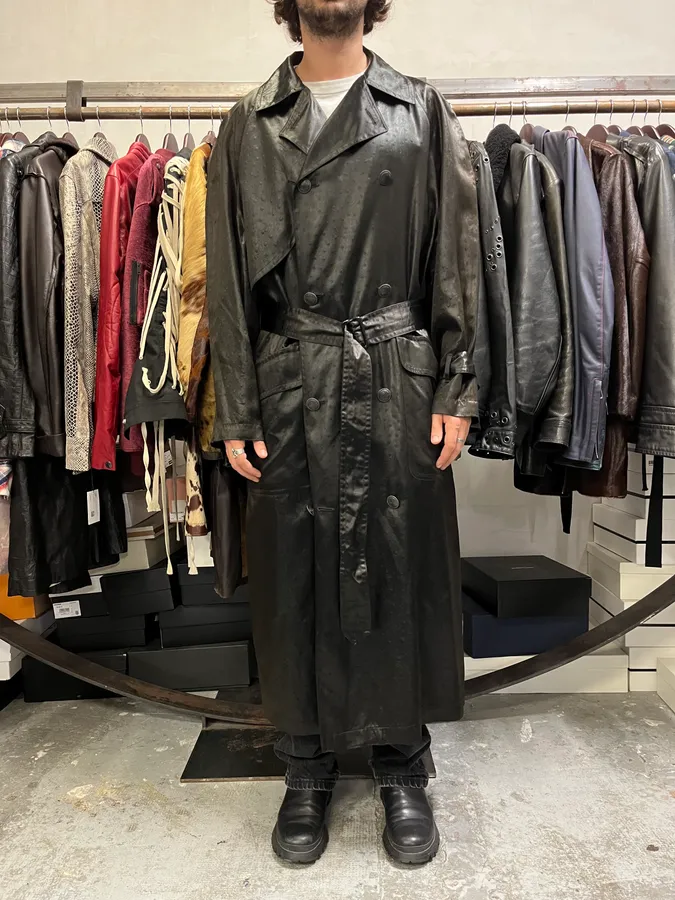 1990s Balmain Ostrich Effect Black Trench Coat - Image 2