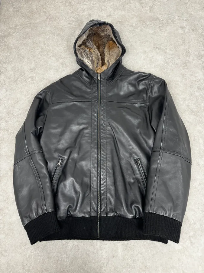 1990s Black Italian Leather Fur Hooded Jacket