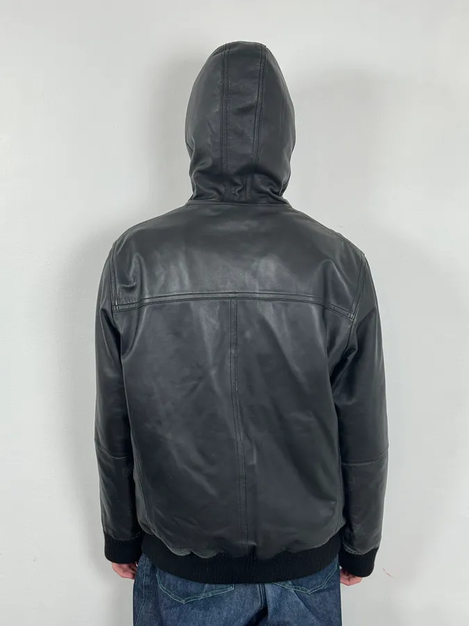 1990s Black Italian Leather Fur Hooded Jacket - Image 3