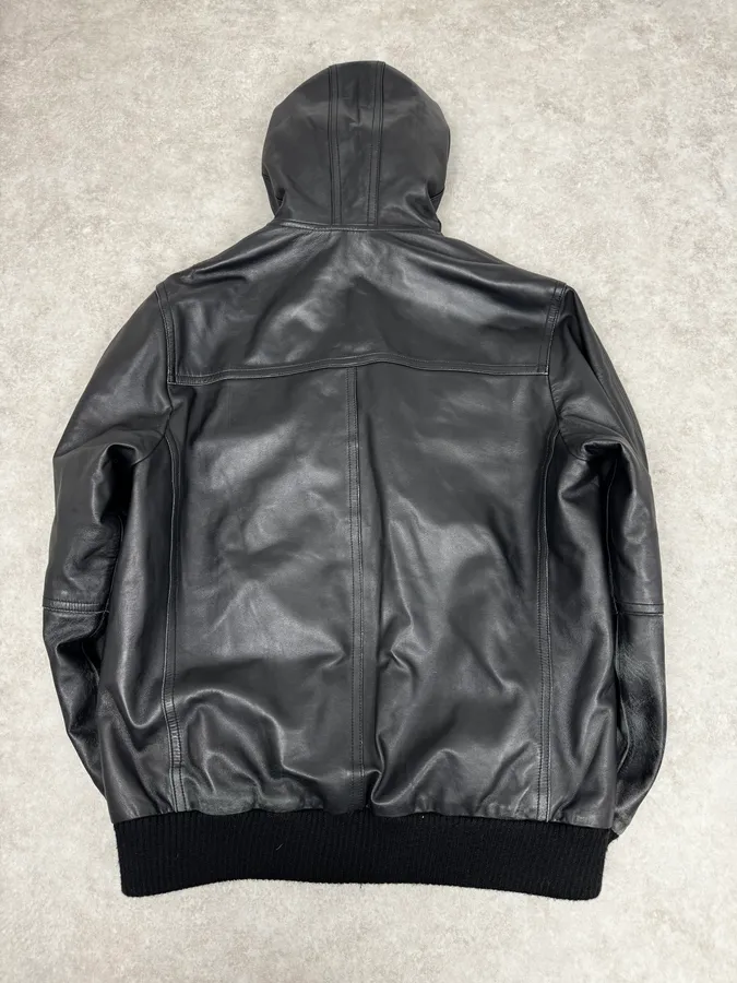 1990s Black Italian Leather Fur Hooded Jacket - Image 4