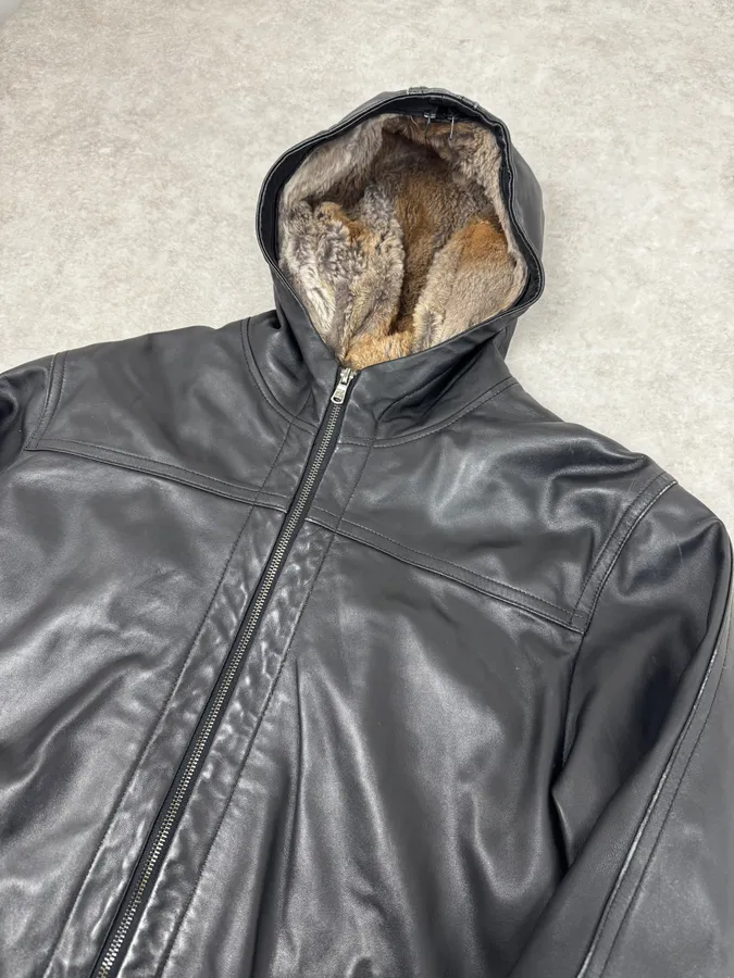 1990s Black Italian Leather Fur Hooded Jacket - Image 5