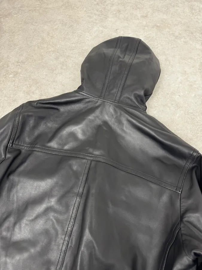 1990s Black Italian Leather Fur Hooded Jacket - Image 6