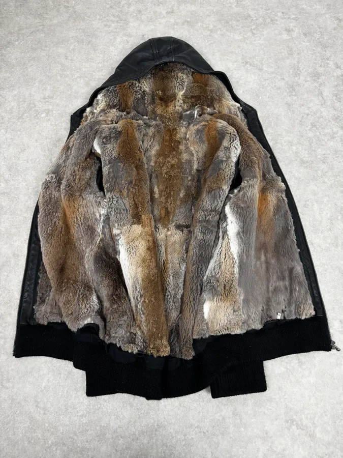 1990s Black Italian Leather Fur Hooded Jacket - Image 7