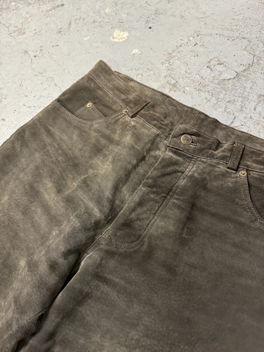 1990s Brown Italian Old Suede Leather Large Pants - Image 11