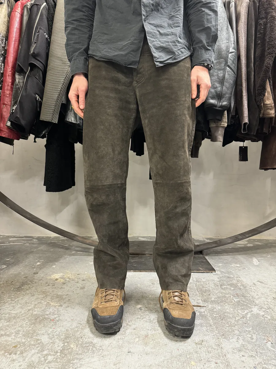 1990s Brown Italian Old Suede Leather Large Pants - Image 4
