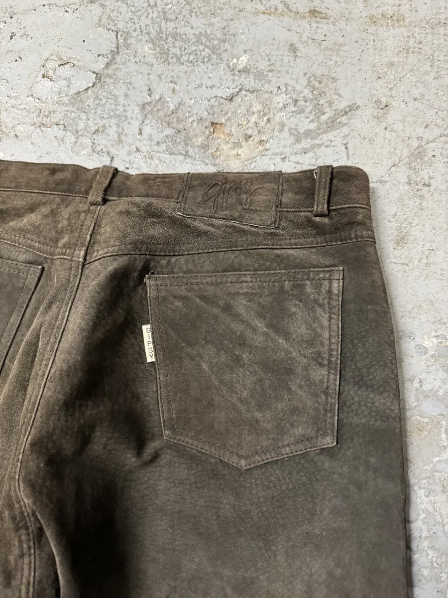 1990s Brown Italian Old Suede Leather Large Pants - Image 8