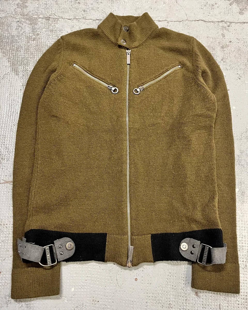 1990s Dirk Bikkembergs Khaki Green Wool Contrast Cuff Zip-up Cardigan