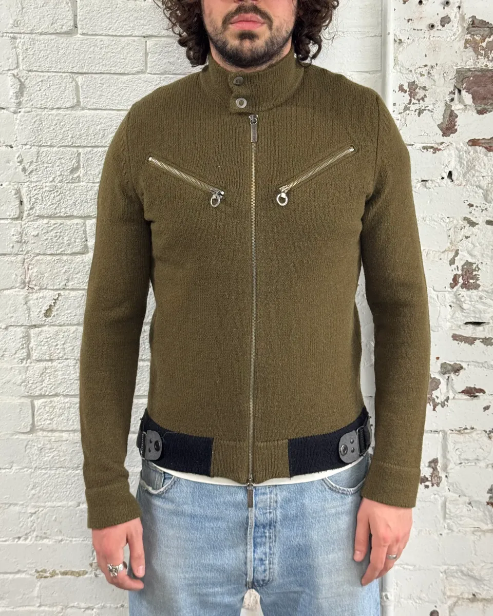 1990s Dirk Bikkembergs Khaki Green Wool Contrast Cuff Zip-up Cardigan - Image 2