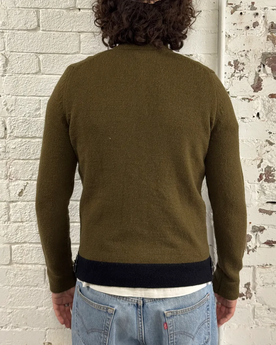 1990s Dirk Bikkembergs Khaki Green Wool Contrast Cuff Zip-up Cardigan - Image 3