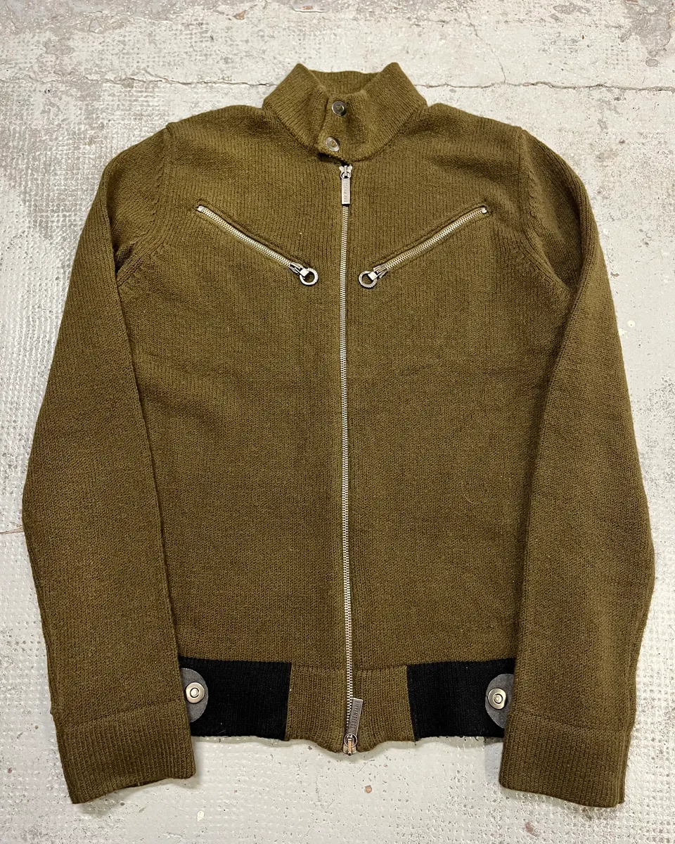 1990s Dirk Bikkembergs Khaki Green Wool Contrast Cuff Zip-up Cardigan - Image 4
