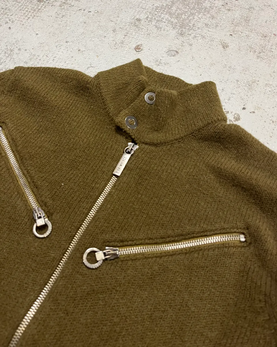1990s Dirk Bikkembergs Khaki Green Wool Contrast Cuff Zip-up Cardigan - Image 5