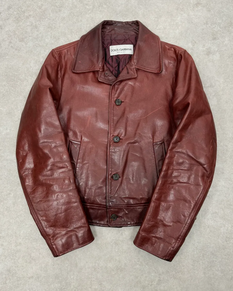 1990s Dolce & Gabbana Bordeaux Red Leather Buttoned Jacket