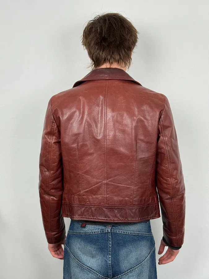 1990s Dolce & Gabbana Bordeaux Red Leather Buttoned Jacket - Image 3