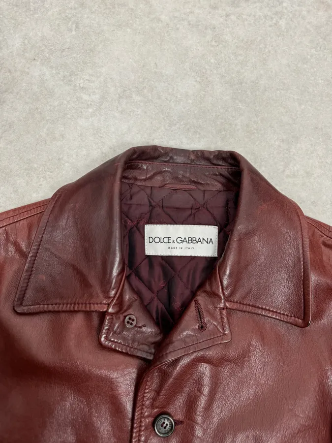 1990s Dolce & Gabbana Bordeaux Red Leather Buttoned Jacket - Image 4
