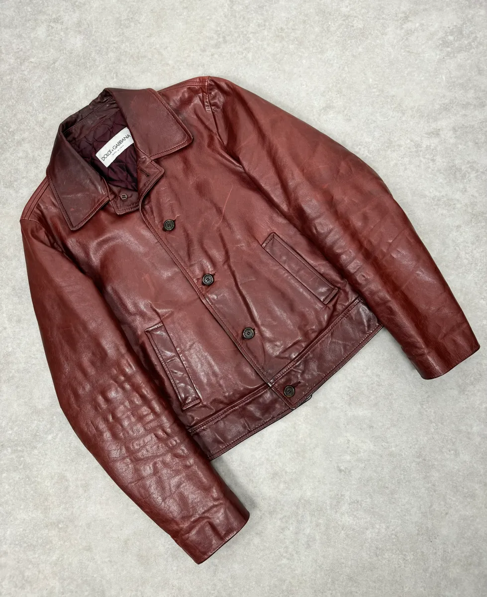 1990s Dolce & Gabbana Bordeaux Red Leather Buttoned Jacket - Image 5